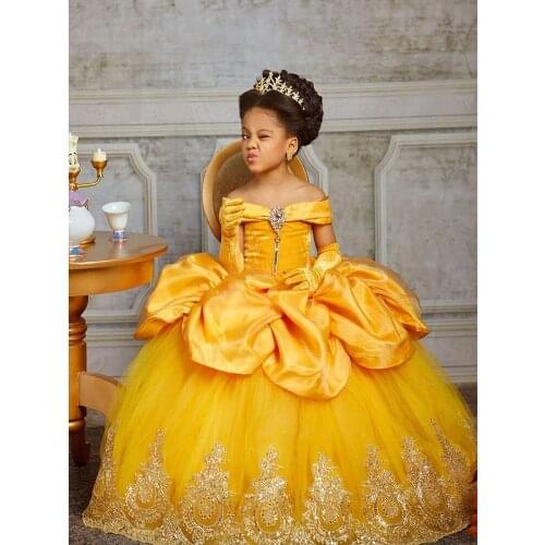 Yellow Lace Crystals 2020 Flower Girl Dresses Bateau Balll Gown Little Girl Wedding Dresses Cheap Communion Pageant Dresses Gown
