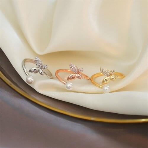Women Rings Couple Wedding Open Rings Silver Plated Pearl Butterfly Rings Birthday Gift for Girlfriend Fashion Simple Jewelry