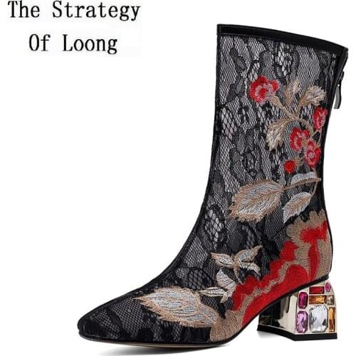 Summer New Fashion Crystal Thick Heels Embroider Square Toe Plus Size 42 43 Mesh Genuine Leather Women Half Mid-Calf Boots