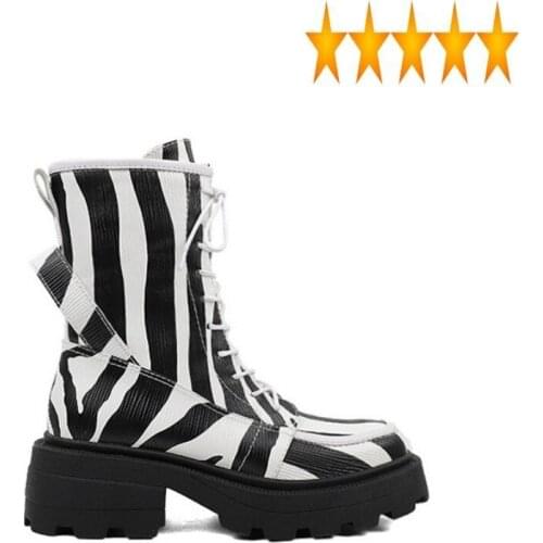 Women Street Platform Ankle Autumn Square Toe Striped Runway Brand Fashion Preppy Style Lace Up Thick Heel Boots