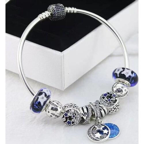 2021 S925 Sterling Silver Blue Star Pearl Pendant With Blue Cz Button Bracelet Suitable For Womens Wedding Party Diy Jewel