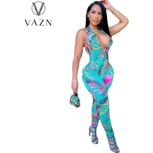 VAZN 2021 Top Quality Backless Print Young Sexy Soft Daily Simple Sleeveless High Waist Women Long Pencil Jumpsuits