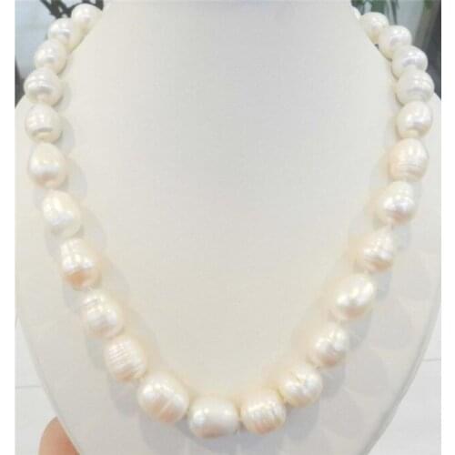 Women Gift word Love shipping BIG RICE SHAPE 12-13MM WHITE REAL NATURAL PEARL NECKLACE AAA 18INCH FINE -jewelry