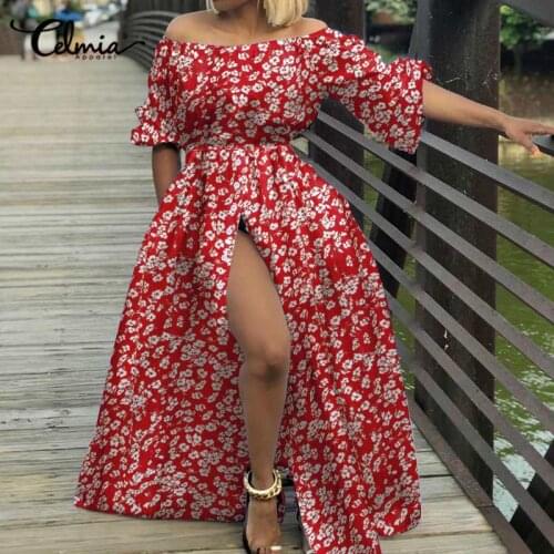 Women Sexy High Split Maxi Dress Celmia Off The Shoulder Long Robe Holiday 3/4 Lantern Sleeve Party Floral Print Fashion Vestido