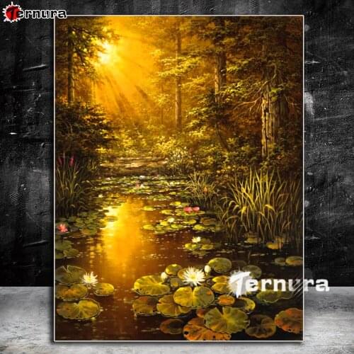 Jungle natural scenery 5d Diamond Painting Lake lotus trees Full Square Drill Mosaic Cross Stitch Handmade DIY Embroidery Gift
