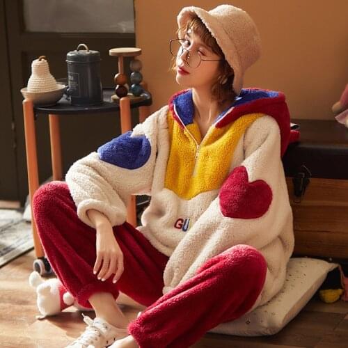 Coral velvet pajamas set female winter version lovely girls thickened warm hooded two-piece home service suit pj set cartoon