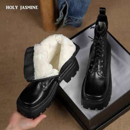 2022 New Big Size 34-42 Genuine Leather Snow Boots Winter Ankle Boots Fashion Lace Up Nature Wool Keep Warm Women Platform Boots