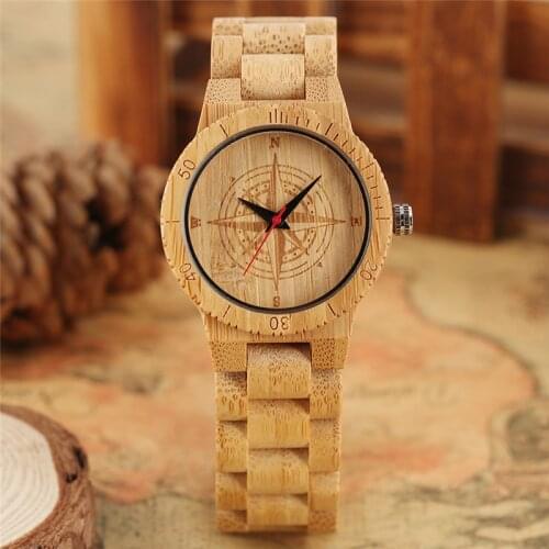 Vintage Wooden Clock Compass Skull Dial Lady Wrist Watches Quartz Analog Movement Clock Fashion Wood Bangle Full Bamboo Strap