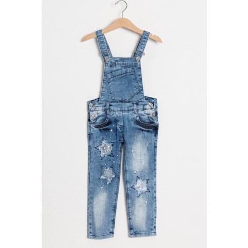 Star Embroidered Denim Fabric Girls Jeans Overalls