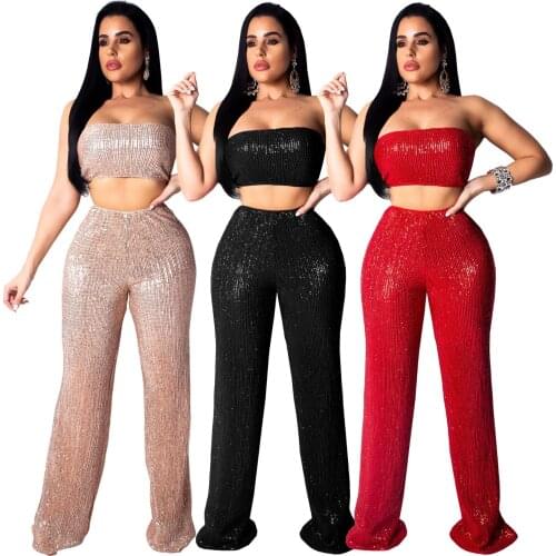Hot Selling European and American Womens Sexy Fashion Sequins Tube Tops Two Pieces Sets Strapless Breast Suits
