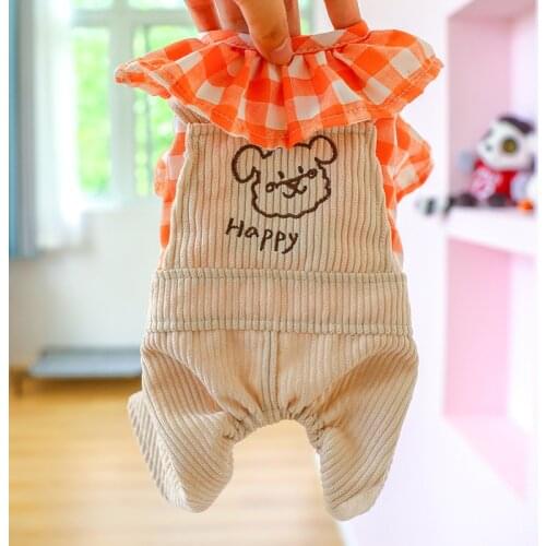 Pet Clothing Dog Cat Clothes Plaid Collar Teddy Lotus Leaf Happy Puppy Overalls Jumpsuit for Dogs
