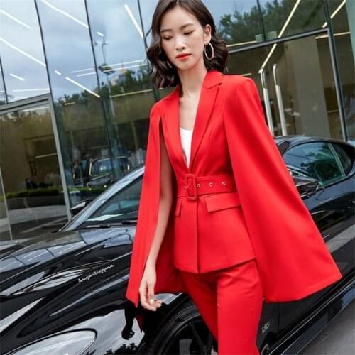 Pant Suits Set Womens Autumn Female Professional Office Lady Blazer Slim Suit Cloak Jacket+ Split Pants Two Sets With Belt