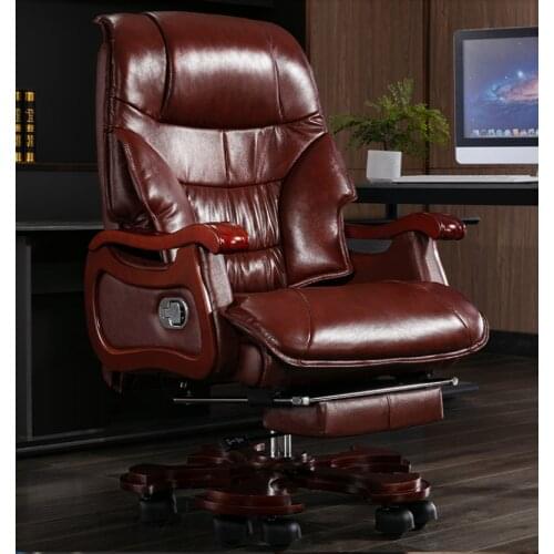 Leather boss chair home business office chair reclining lift massage armchair solid wood swivel chair
