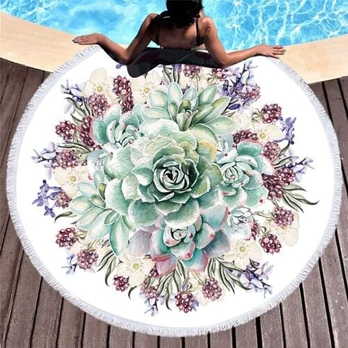 Watercolor Succulents Round Beach Towel Bohemian Floral Microfiber Towel Circle Yoga Mat Blanket Tapestry Travel Bath Towel Gift