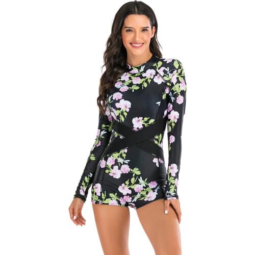 Water Sports rashguard Swimsuit Women Long Sleeve One Piece Floral Print Patchwork Swimwear For Swimming Diving Snorkeling