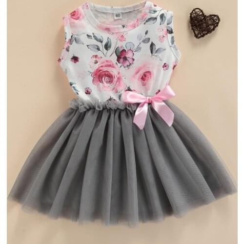 Summer Girls Tulle Dress Sleeveless Floral Print Bow Front Tutu Mesh Patchwork Dresses Prince Party Dress for Girls