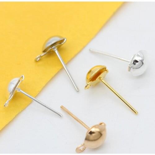200p 4mm 5mm 6mm 8mm Half Ball Earrings findings Ear post studs pin with Loop jewlery making findings silver gold plated Pins
