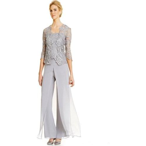 Plus Size Vintage Mother Of the Bride Groom Dresses With Pants Suits Long Sleeve Lace Jacket Mother Dress Formal Wear