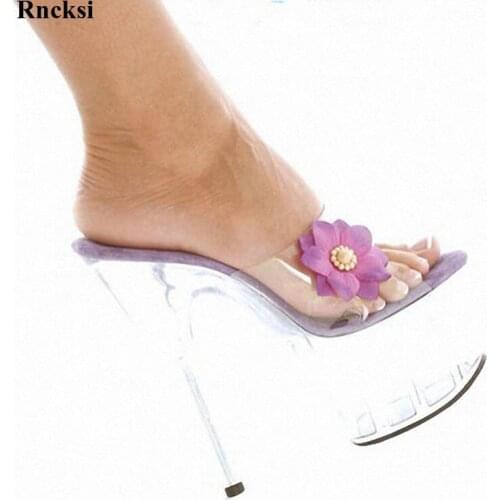 Rncksi New Transparent Ladies Design Novelty Crystal Shoes Super High Heels 15cm Slides Women Date Nightclub Summer Slippers