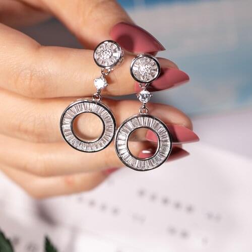 Luxury 925 silver trapezoid crystal round drop earrings for Women dress Party wedding jewelry girl gift shinning beautiful