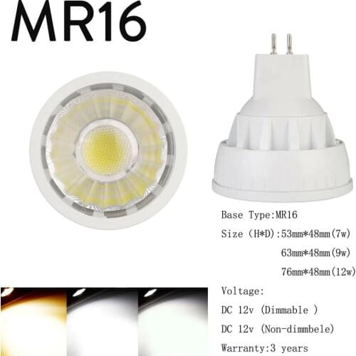 Dimmable MR16 COB LED Spotlights DC 12V 7W 9W 12W Spot Light Bulbs Home Lamps Super Bright White 45 Degree Lighting Replace