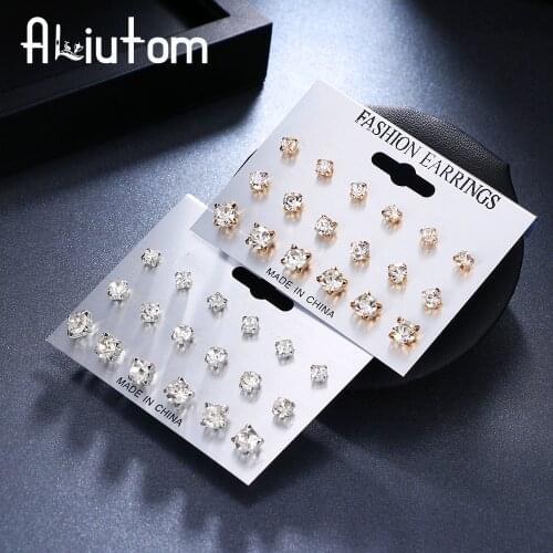 ALIUTOM 9 Pairs/set Mix Design Square Crystal Stud Earrings Piercing Gold Silver Color Fashion Earrings For Women Bijoux Jewelry