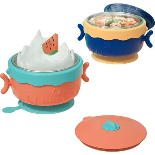 StainlessSteel Food Insulation Bowl Water Injection Thermos Cup Children Eat Dishes Tableware Baby Sucker Feeding Insulated Bowl