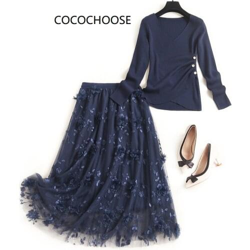 Women long sleeve knitted tops and mesh skirts suits elegant office lady two piece set spring 2021 fashion matching set outfits