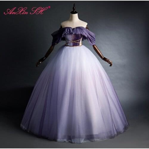 AnXin SH vintage princess star sparkly purple lace boat neck ruffles ball gown host stage bride party violet dream evening dress