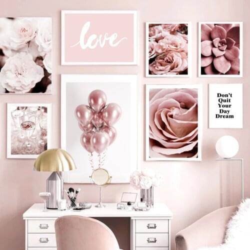 Pink Peony Juicy Love Balloon Wine Glass Art Poster Oil Painting Modern Nordic Living Room Bedroom Decorative Wall Painting