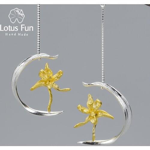Lotus Fun Elegant Iris Flower and Leaf Dangle Earrings Real 925 Sterling Silver 18K Gold Earrings for Wome Handmade Fine Jewelry