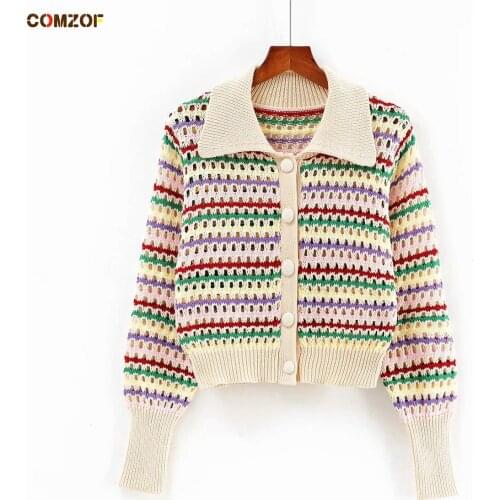 Hollow Out Rainbow Women Knitting Tops 2021 Autumn Cardigan INS Hot Sale Sweaters Turn-Down Collar Long Sleeve Haut Femme