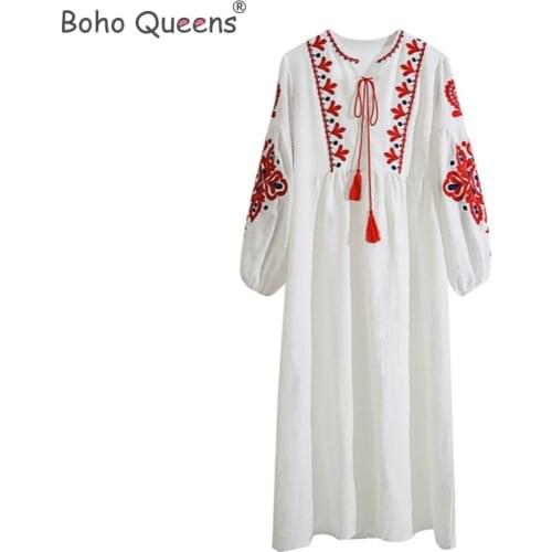 Boho Queens women Floral emberoidery beach Bohemian maxi dresses ladies o-neck lantern sleeve Summer dress vestidos