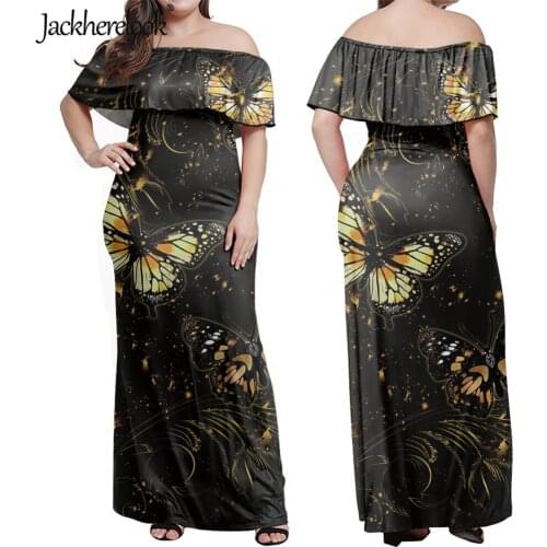 Jackherelook Summer Off Shoulder Dress for Womens Butterfly Animal Print Plus Size Black Ruffle Long Party Maxi Dress Vestidos