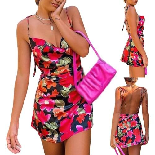 Y2k 2021 Women Sexy Slip Dress Fashion Red Floral Printed Ladies Pattern Trendy Deep V-neck Backless S/ M/ L