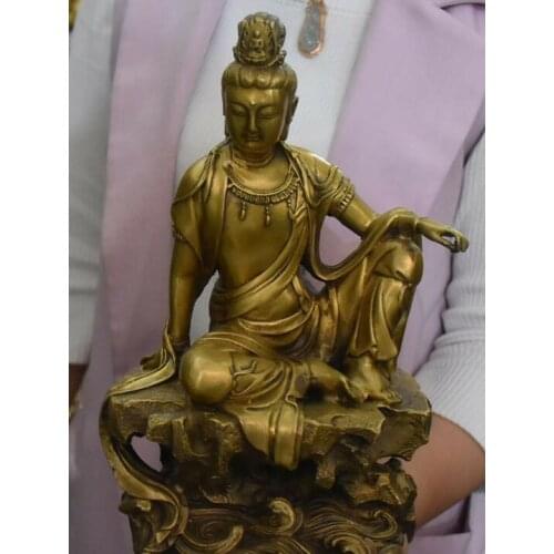 11" China Pure Bronze Gilt Sit Kwan-yin Guanyin Quan Yin Goddess Buddha Statue
