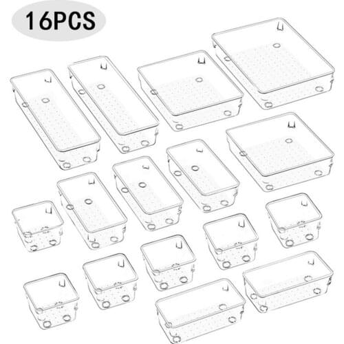 16pcs Independent Drawer Storage Box Transparent PP Cosmetics Organizer Drawer Divider Box For Kitchen Office Dressing Table