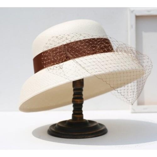 202106-ronmei-367014 Hepburn mesh summer handmade paper grass Lampshade modelingwhite leisure lady sun cap women leisure hat