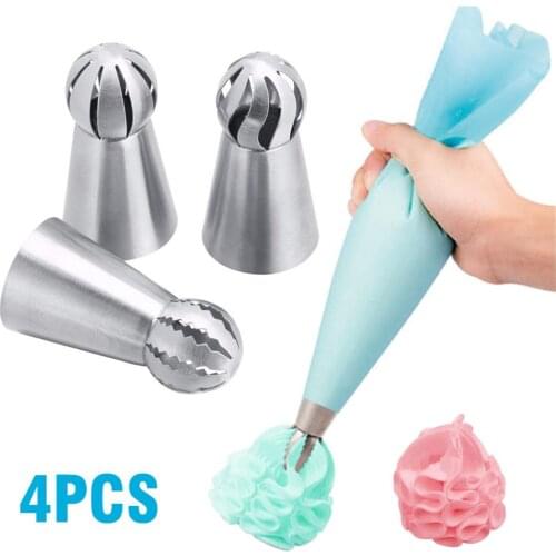 4pcs/set Cake Piping Tips Cream Pastry Bag Decorating Spherical Stainless Steel Plastic Baking Nozzle Tool DIY Cake Decoration