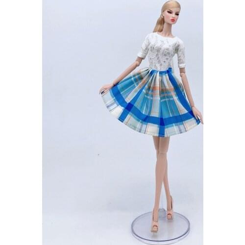 White Lace Top Blue Plaid Skirt Fashion Doll Dress For Barbie Doll Clothes Outfits Party Gown 1/6 Doll Accessories
