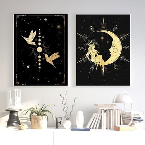 Bohemian Astrology Moon Hummingbird Canvas Painting Wall Art Nordic Posters and Prints Wall Pictures for Living Room Decoration