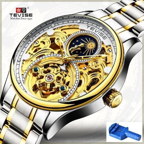 Mens Watches Top Brand Luxury TEVISE T820A Tourbillon Automatic Mechanical Watches Moon Phase Male Clock with Watchband Tool