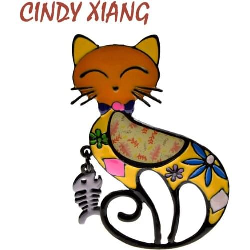 CINDY XIANG New 4 Colors Colorful Enamel Paint Cat Brooches Unisex Women Girls Cute Fish Pendant Brooch Pin Animal Jewelry Gift