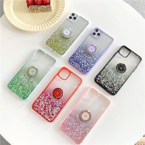 For iPhone 11 Pro Xs Max Xs XR 7 8Plus Case Starry Sky Transparent Ring Grip Strap Rolling Beads Stand Holder Phone Case