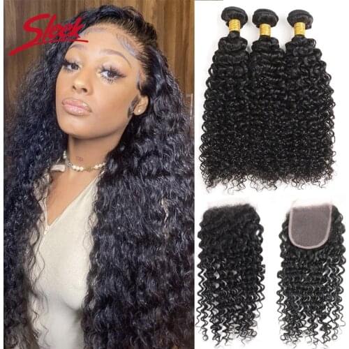 Sleek Kinky Curly Bundles With Closure Remy Human Hair Natural Mongolian Hair Extensions Deal Bundles With Lace Closure