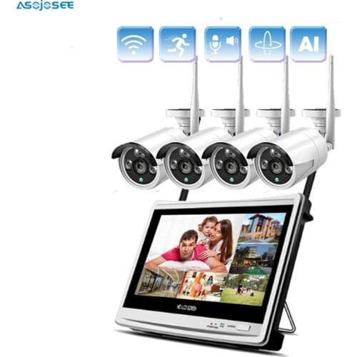 P2P 4CH CCTV Wireless NVR Kit 12 Inch Monitor 4pcs 3ps Array 960P HD WIFI Outdoor IP Camera Surveilance System HDD Disk optional