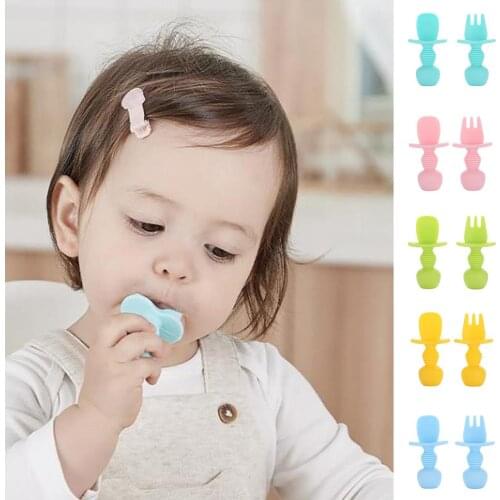 Spoon+Fork Baby Utensils Self Feed Toddler Silicone Feeding Training Cutlery Set