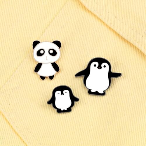 Cute Metal Enamel Panda Penguin Button Brooch Pin Badge Pins Denim Jackets Clothing Cartoon Animal Jewelry Gifts for Friends Kid
