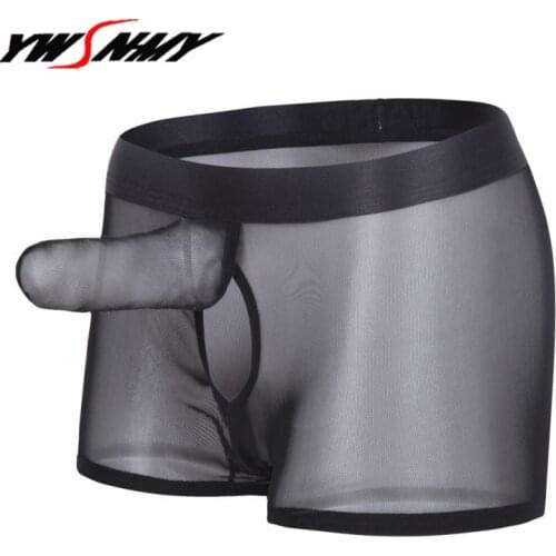 Men Transparent Mesh Penis Boxers Separation Scrotum Physiological Underwear Sexy Gay Elephant Nose Penis Pouch Boxer Shorts