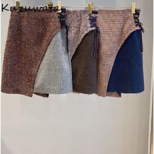 Autumn New Winter Plaid Panelled Skirts Chic Irregular Patchwork Drawstring Jupe Fashion High Waist Women Skirt 1H143